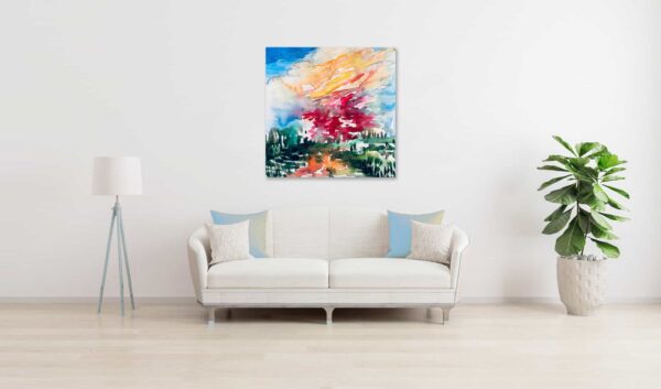 Farbenfrohes abstraktes Aquarellbild mit Baummotiv, moderne Wandkunst, Raumdeko, kreative Malerei, original Auftragsmalerei von Nikolaus Kriese.