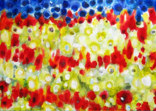 Farbige Blumenwiese in abstraktem Aquarellstil, helle Farbpalette, Rot, Gelb, Blau, modernes Kunstwerk, Auftragsmalerei, Expressionistische Malerei, Künstler Nikolaus Kriese, kreative Wandgestaltung, lebendige Blumenkomposition.