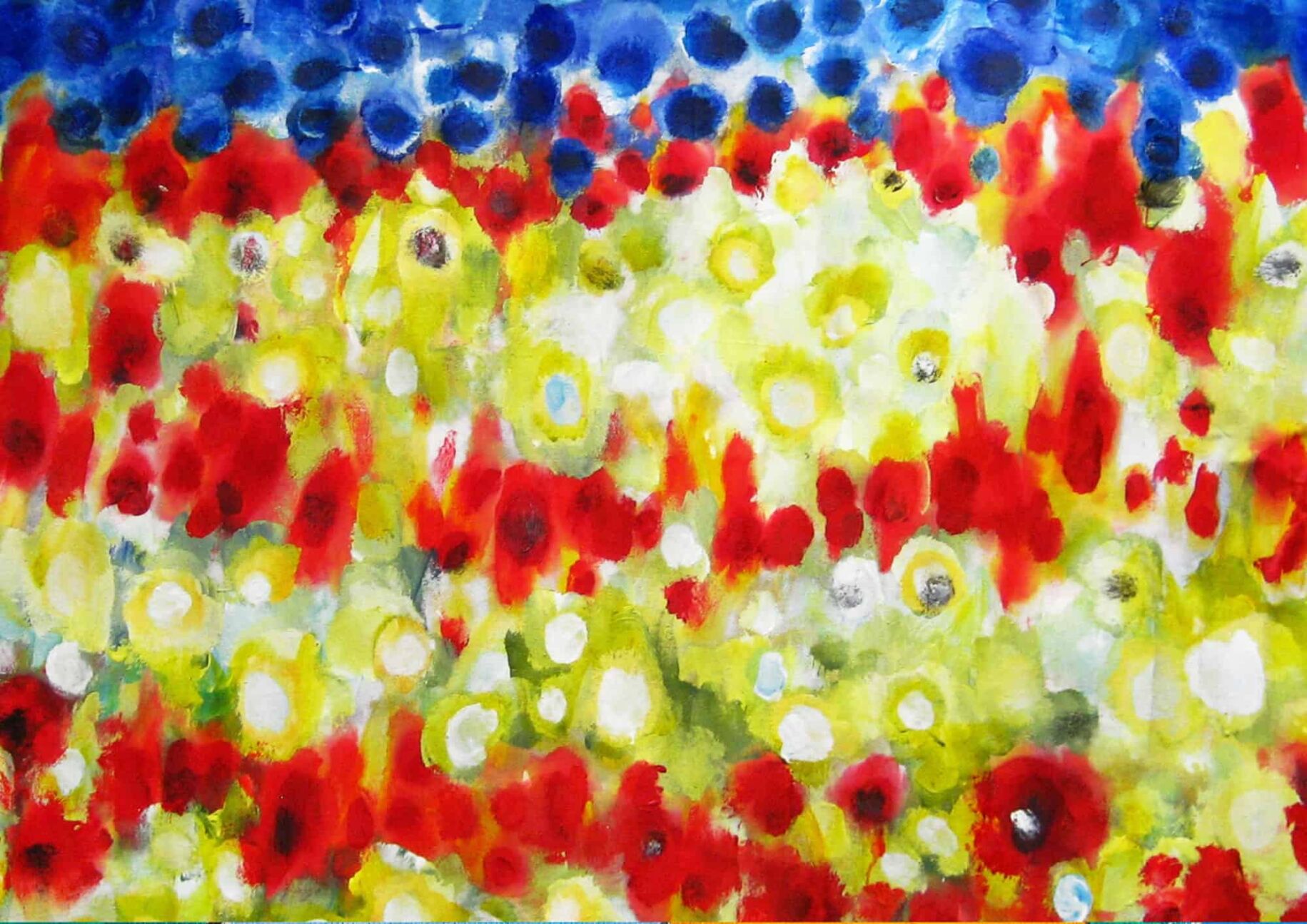 Farbige Blumenwiese in abstraktem Aquarellstil, helle Farbpalette, Rot, Gelb, Blau, modernes Kunstwerk, Auftragsmalerei, Expressionistische Malerei, Künstler Nikolaus Kriese, kreative Wandgestaltung, lebendige Blumenkomposition.