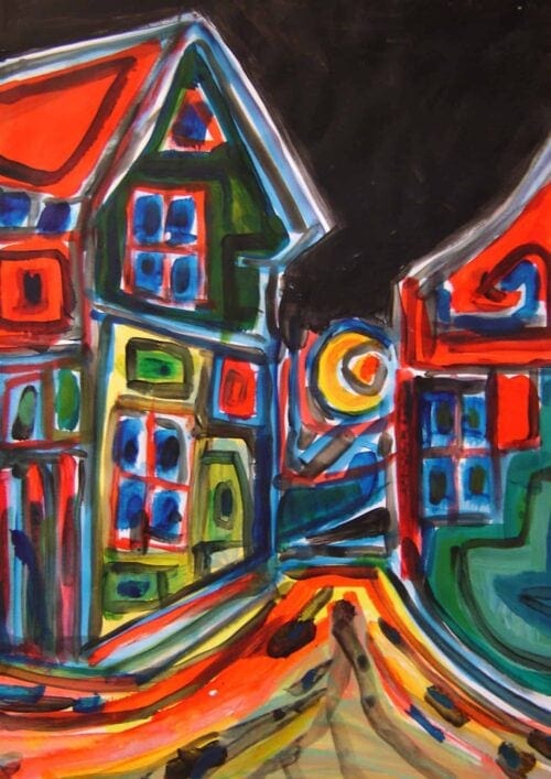 Farbenfrohes expressionistisches Hauskunstwerk von Nikolaus Kriese, modern interpretierte Architekturmalerei, lebhafte Farbgestaltung, Auftragsmalerei im Bereich Stadtansichten.