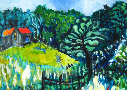 Farbenfrohes Gemälde eines Gartens mit Baum und bunten Hütten, Ölmalerei, Auftragsmalerei, Kunst von Nikolaus Kriese, expressionistische Landschaft, handgemaltes Bild, moderne Gartenkunst, naturverbundenes Kunstwerk.