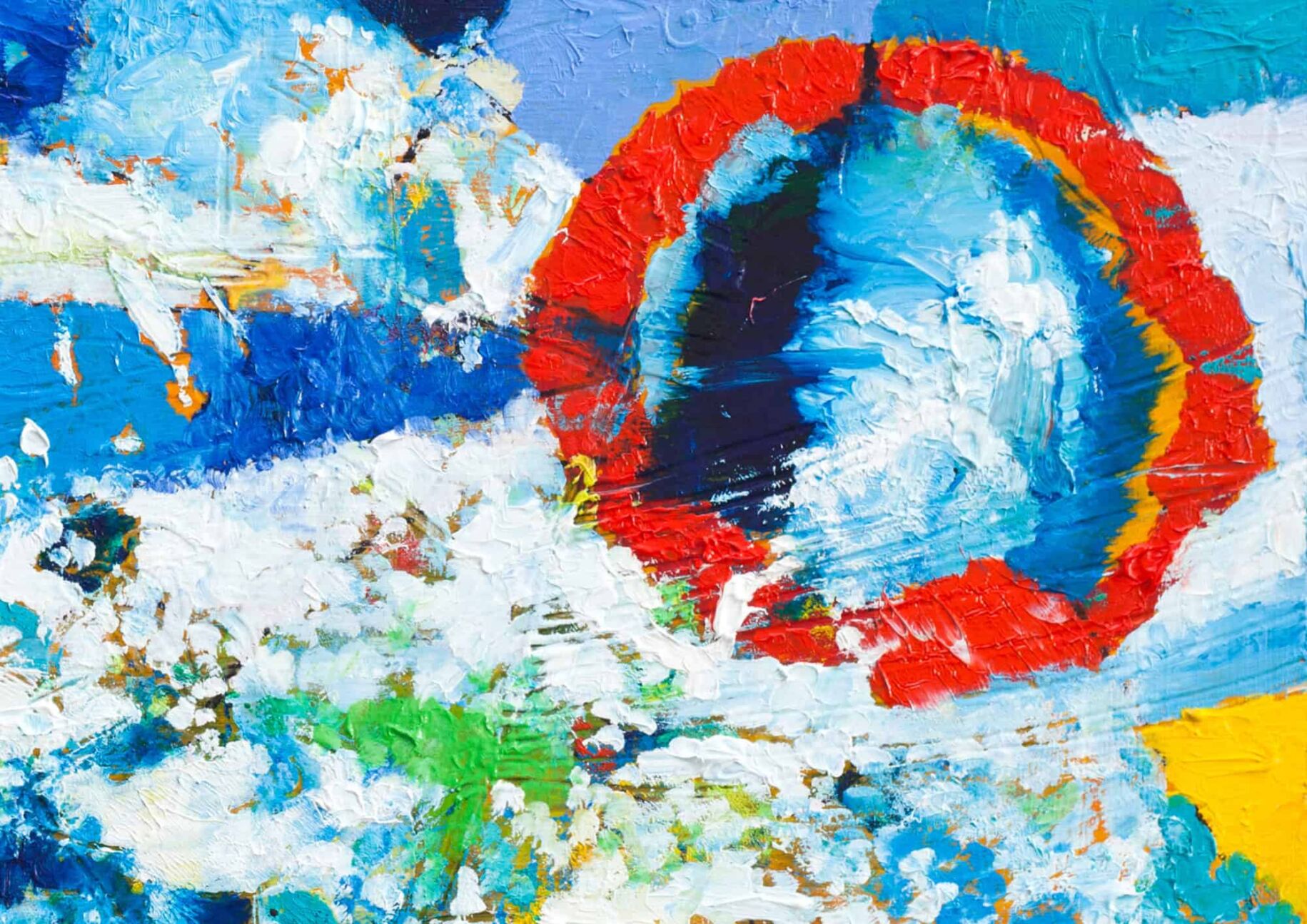 Farbenfrohes abstraktes Ölgemälde mit bunten Pinselstrichen in Blau, Rot, Gelb und Weiß, Ausdrucksstarke Malerei, Moderne Kunst, Auftragskunst, Künstler Nikolaus Kriese, kreative Wandgestaltung.
