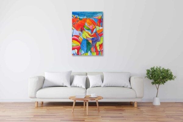 Lebendige abstrakte Malerei auf Leinwand, modern Kunst als Wanddekor in stilvollem Wohnzimmer, kreative Wandkunst für Wohnzimmergestaltung, zeitgenössische Auftragsmalerei von Nikolaus Kriese.