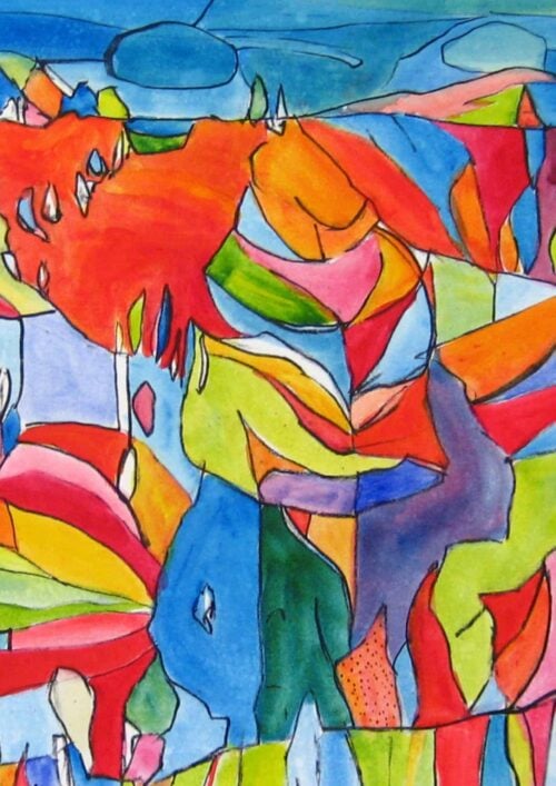 Lebendige abstrakte Acrylmalerei mit bunten, geometrischen Formen und expressivem Farbauftrag, hergestellt von Nikolaus Kriese.