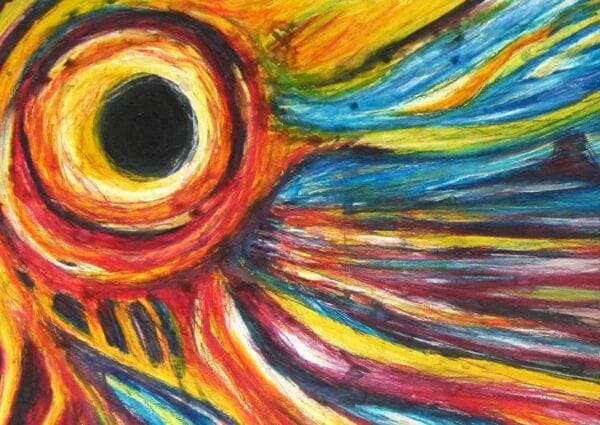 Lebendige abstrakte Malerei mit explosiven Rot-, Orange- und Gelbtönen und dynamischen blauen und grünen Akzenten, geschaffen von Nikolaus Kriese.
