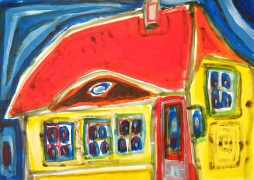 Farbenfrohe Hausmalerei im Expressionismus-Stil, kreative Hauskunst von Nikolaus Kriese, individuelle Auftragsmalerei, lebendige Gemälde für Wohnzimmer und Fassaden.