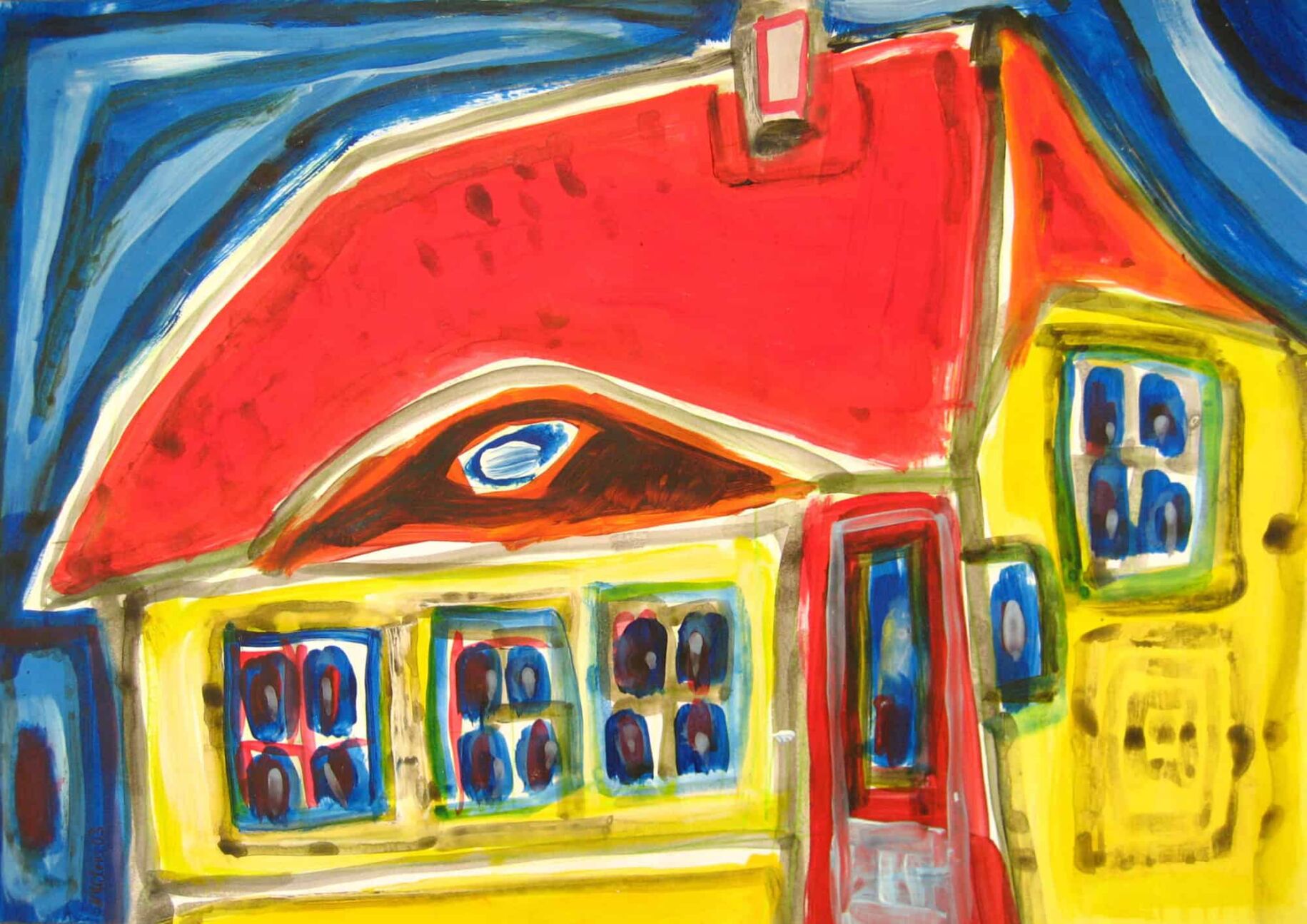 Farbenfrohe Hausmalerei im Expressionismus-Stil, kreative Hauskunst von Nikolaus Kriese, individuelle Auftragsmalerei, lebendige Gemälde für Wohnzimmer und Fassaden.