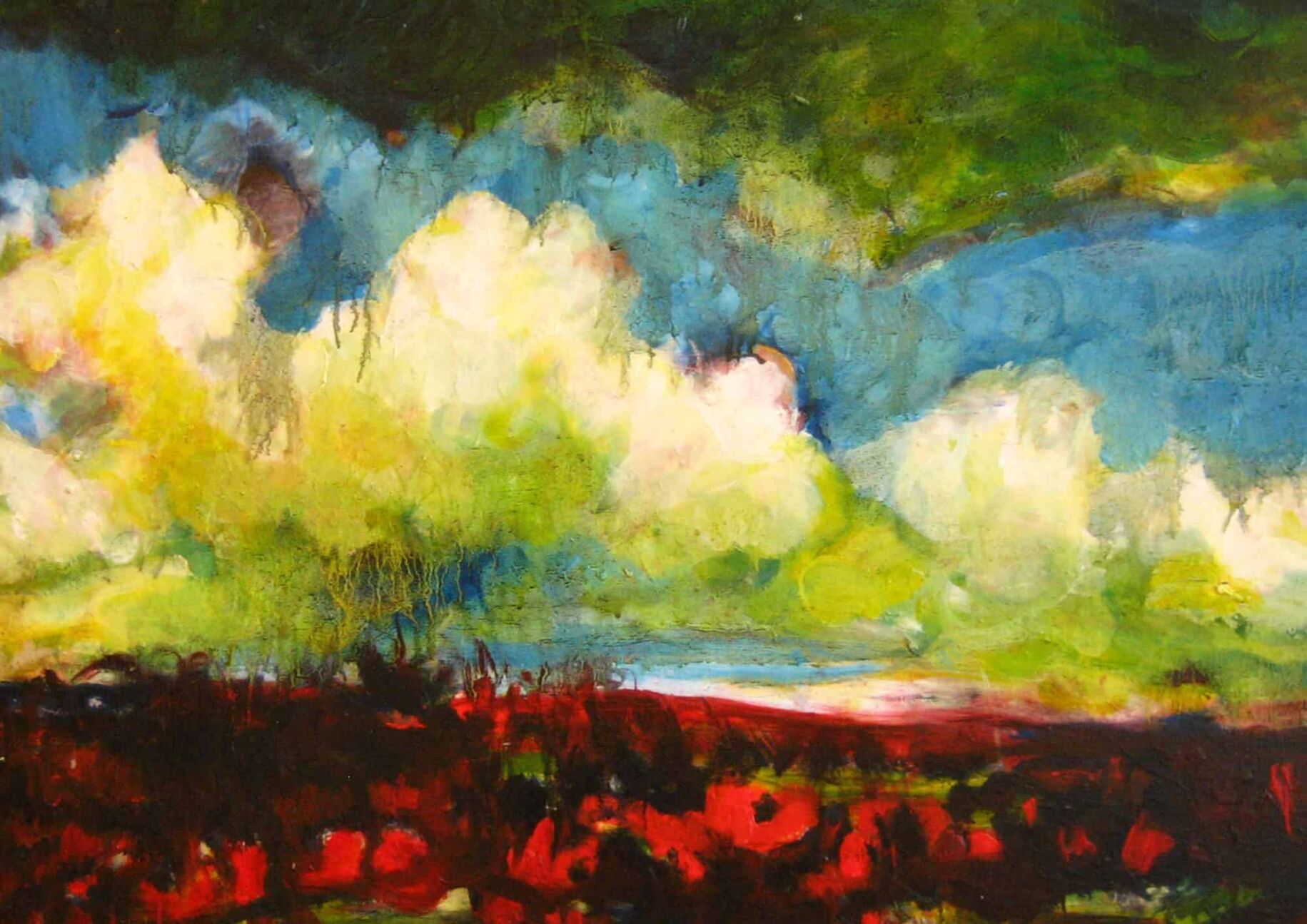 Farbenfrohe abstrakte Landschaftsmalerei mit dynamischen Wolken und lebendigen Naturfarben, entstand in der Auftragsmalerei von Nikolaus Kriese, ideal für moderne Kunstliebhaber.