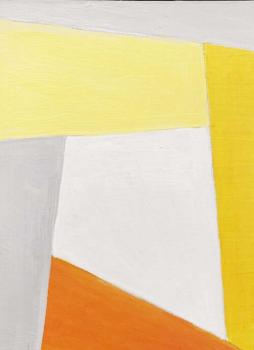 Farbenfrohe abstrakte Malerei mit geometrischen Formen in Gelb, Weiß, Orange und Grau, einzigartiges Kunstwerk von Nikolaus Kriese, spezialisiert auf Malerei & Auftragsmalerei, modern und kreativ.