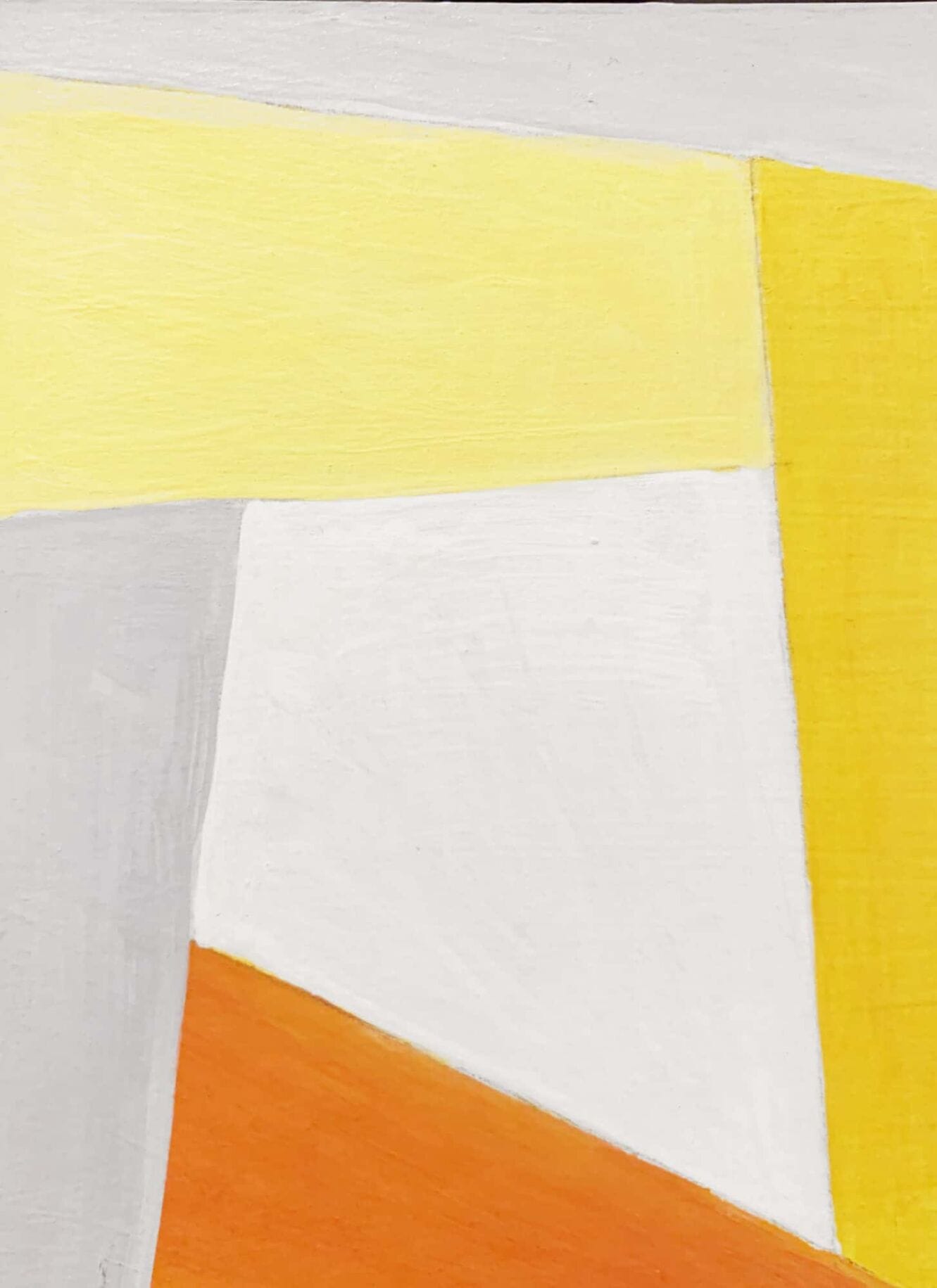 Farbenfrohe abstrakte Malerei mit geometrischen Formen in Gelb, Weiß, Orange und Grau, einzigartiges Kunstwerk von Nikolaus Kriese, spezialisiert auf Malerei & Auftragsmalerei, modern und kreativ.