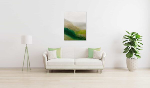 Sanfte, abstrakte Landschaftsmalerei in Grün und Beige, ideal für moderne Wohnräume, von Nikolaus Kriese, Spezialist für Malerei & Auftragsmalerei, hochwertige Wandkunst.