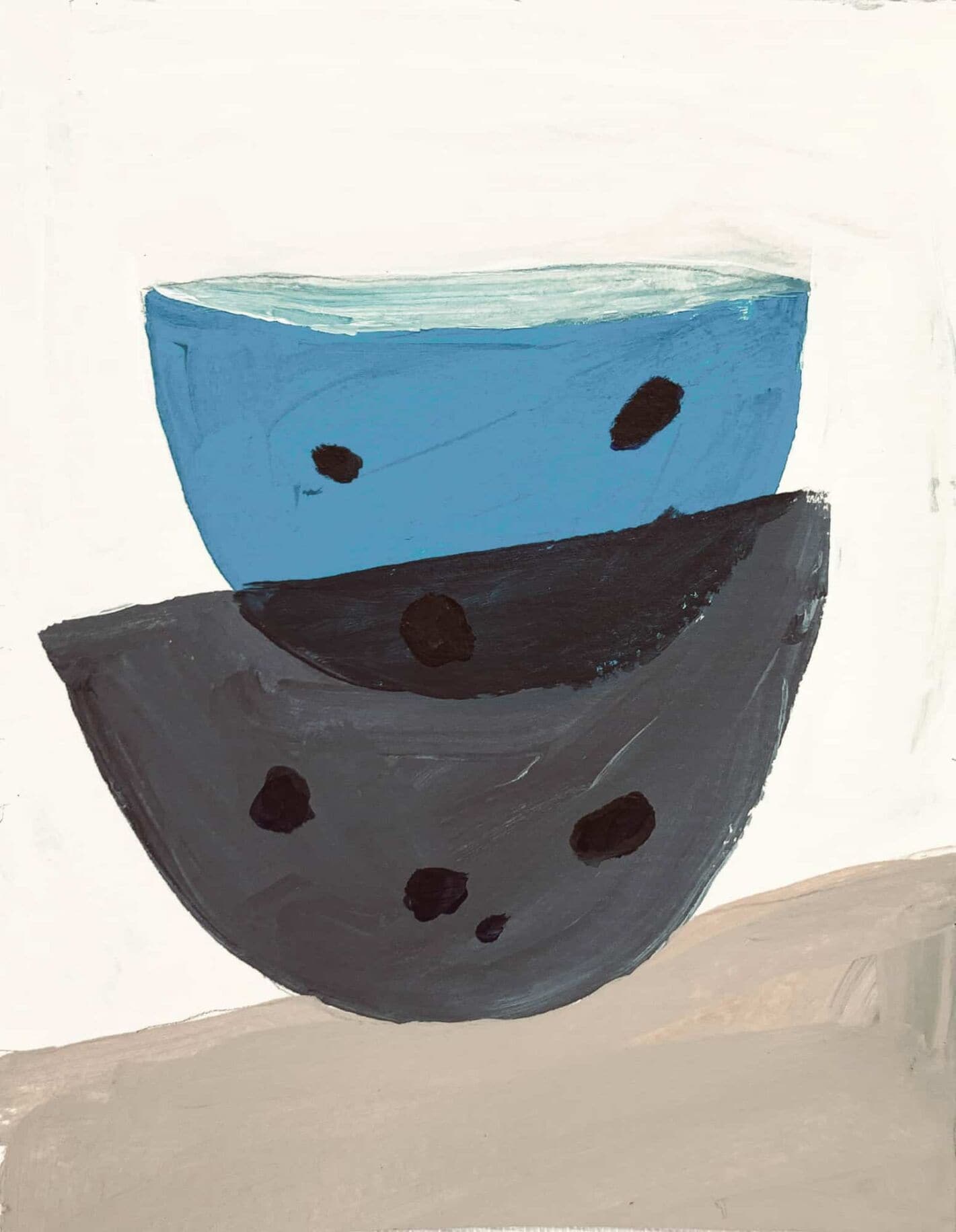 Farbenfrohe abstrakte Malerei mit zwei Schalen in Blau und Grau, kreatives Kunstwerk für individuelle Raumgestaltung, Auftragsmalerei von Nikolaus Kriese.