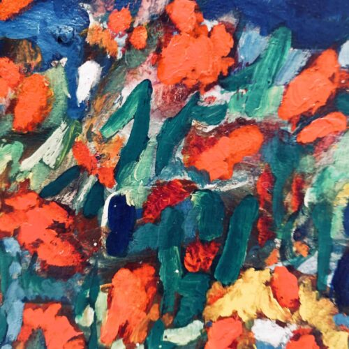 Lebendige Blumenmalerei mit kräftigen Pinselstrichen in leuchtenden Orange-, Grün- und Blautönen, handgefertigte Auftragsmalerei von Nikolaus Kriese, expressionistische Kunstwerke, moderne Blumenbilder, individuelle Wanddekoration.
