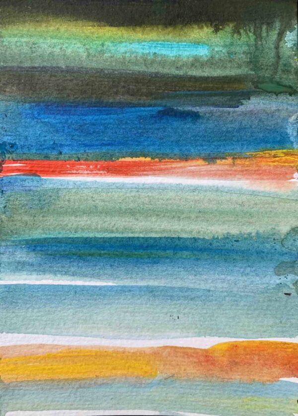 Farbenfrohe abstrakte Aquarellmalerei mit blauen, grünen, roten und gelben Farbflächen, geschaffen von Nikolaus Kriese, spezialisiert auf Malerei und Auftragsmalerei, perfekte Wanddekoration.