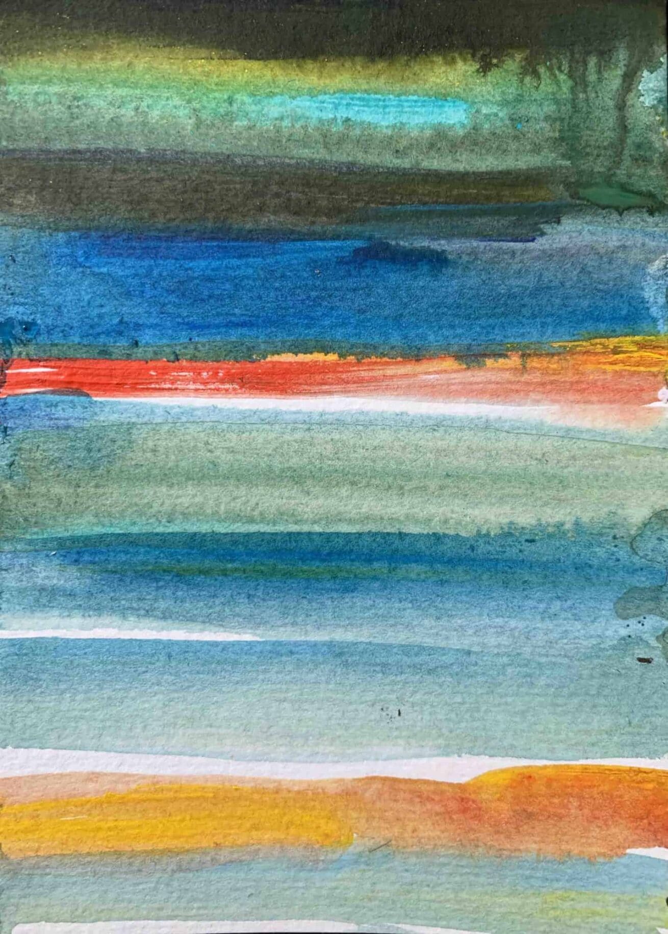 Farbenfrohe abstrakte Aquarellmalerei mit blauen, grünen, roten und gelben Farbflächen, geschaffen von Nikolaus Kriese, spezialisiert auf Malerei und Auftragsmalerei, perfekte Wanddekoration.