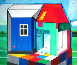 Farbenfrohes Kubismus-Gemälde mit geometrischen Formen und Architektur-Elementen, typisch für Nikolaus Kriese. Moderne Kunst für individuelles Wohnen und kreative Auftragsmalerei.