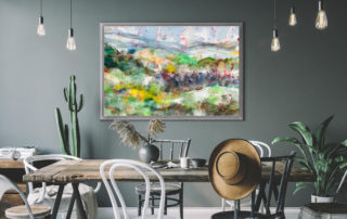 Farbenfrohes abstraktes Aquarellbild, Gemälde Wandkunst, modern Inneneinrichtung, Kunst für Wohnzimmer, Motiv in hellen Farben, expressives Kunstwerk in Rahmen, Raumgestaltung mit zeitgenössischer Malerei.