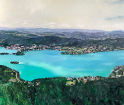 Naturgemälde eines malerischen Sees mit umliegender Landschaft, in feinster Aquarelltechnik, Schaffung individueller Auftragsmalerei, Kunstdrucke und personalisierte Gemälde von Nikolaus Kriese.