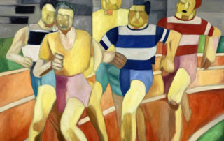 Farbenfrohes expressionistisches Gemälde von fünf jungen Menschen in sommerlicher Kleidung, sitzend auf einer Kurve, im Stil moderner Auftragsmalerei, Kunst aus Deutschland.