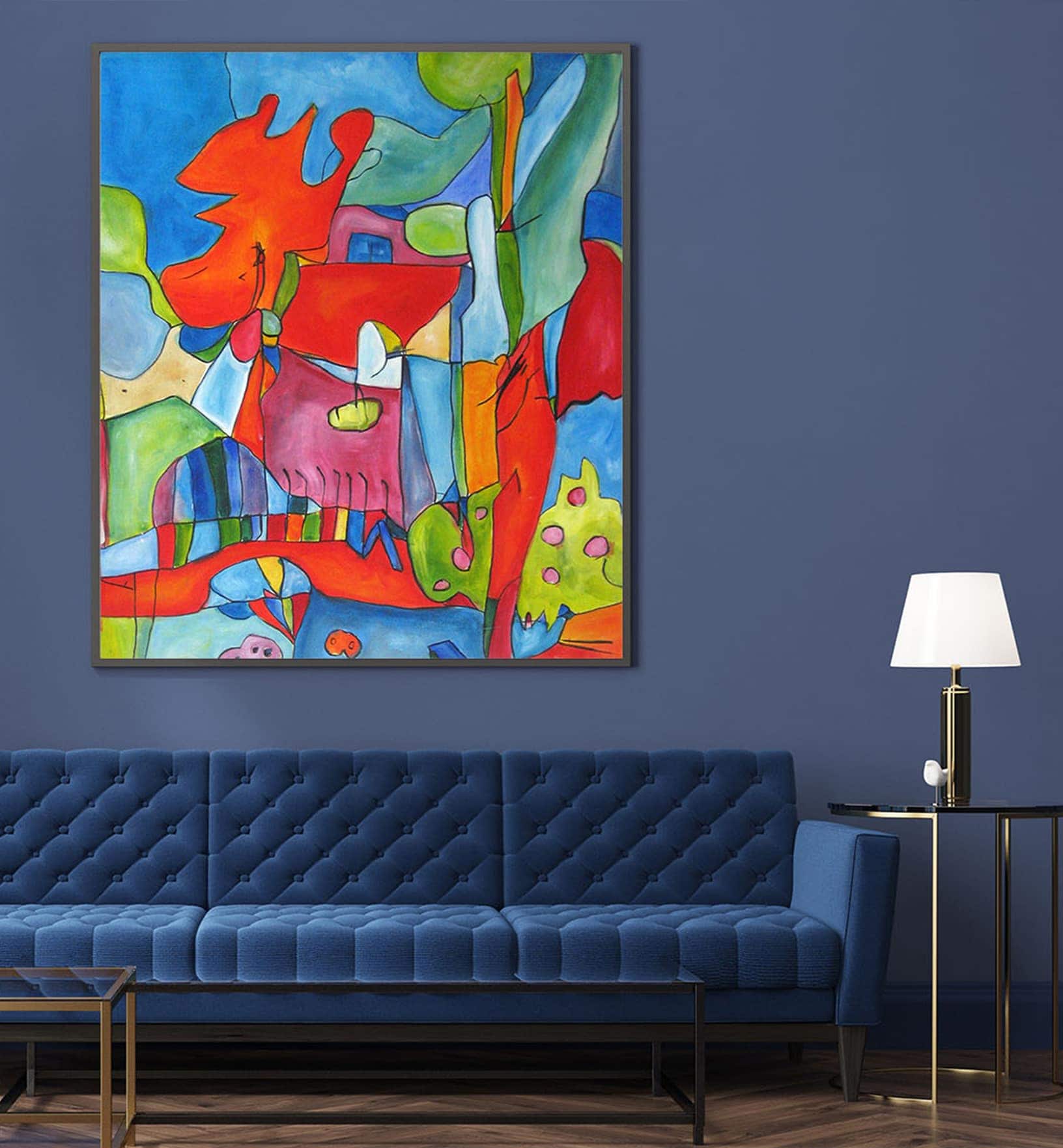 Lebendige abstrakte Malerei mit leuchtenden Farben und kreativen Formen, ideal für moderne Wohnräume und Kunstliebhaber, Originalkunst von Nikolaus Kriese.