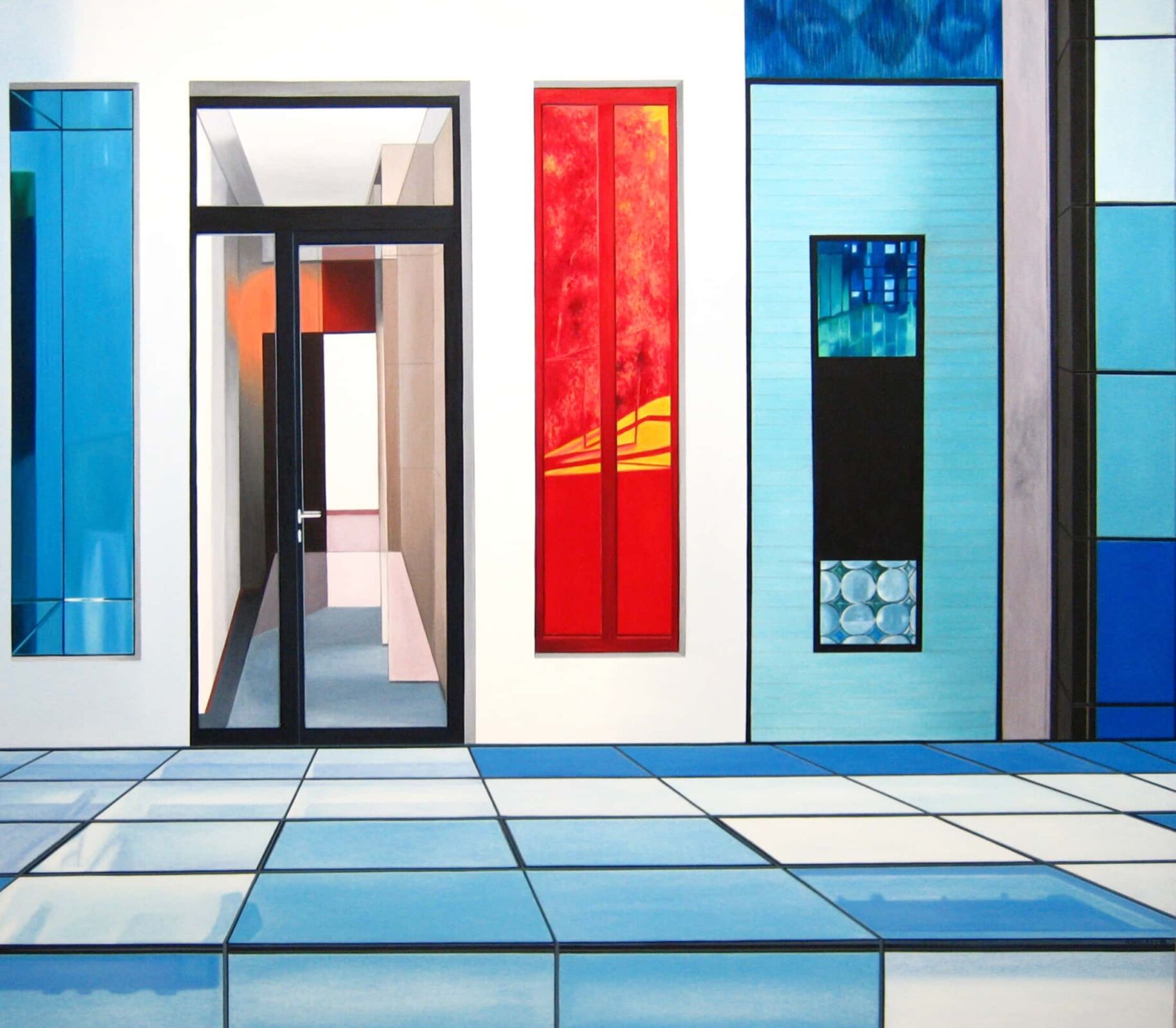 Farbenfrohe moderne Malerei mit bunten Fassaden- und Fensterdesigns, Urban Art Kunstwerk, zeitgenössische Malerei, individuelle Auftragsmalerei, kreative Wandgestaltung.