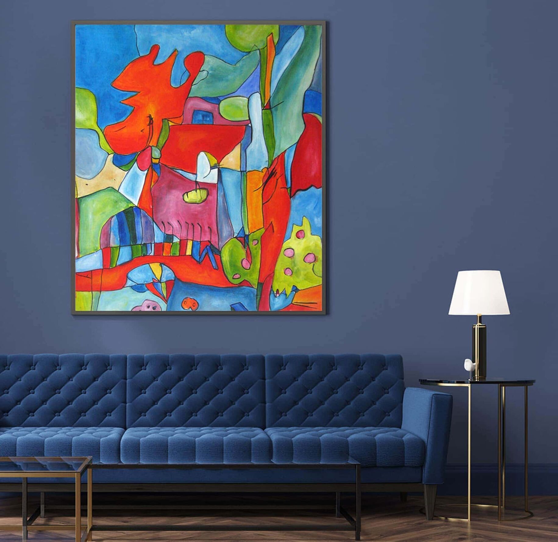 Lebendige abstrakte Malerei mit leuchtenden Farben, modernem Kunststil, Wandkunst für Wohnzimmer, Auftragsmalerei | Für individuelle Raumgestaltung.