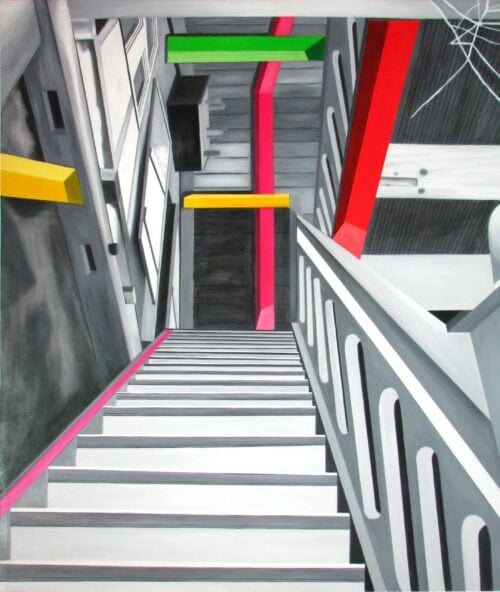 Farbenfrohe abstrakte Treppe, modern gemalte Wandkunst, zeitgenössische Malerei, farbige Linien, bunte Farbpalette, urbanes Wanddesign, kreative Raumgestaltung, Innenarchitektur Kunst, zeitgenössische Kunstszene.