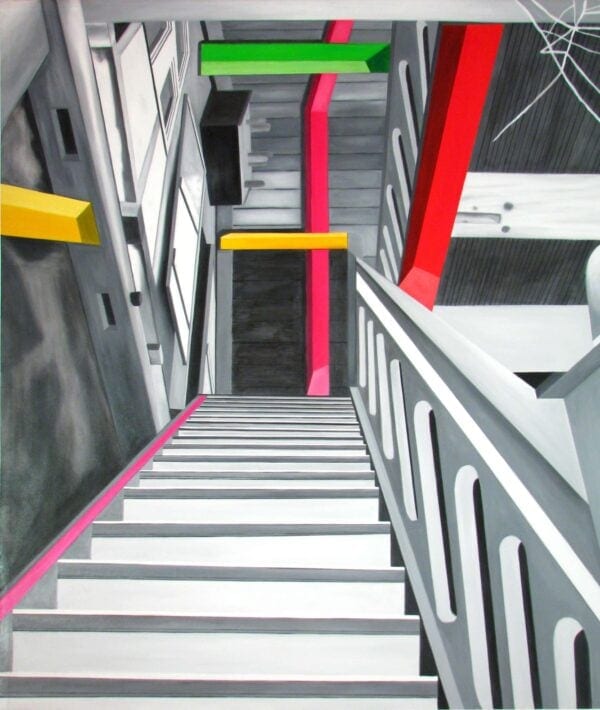 Farbenfrohe abstrakte Treppe, modern gemalte Wandkunst, zeitgenössische Malerei, farbige Linien, bunte Farbpalette, urbanes Wanddesign, kreative Raumgestaltung, Innenarchitektur Kunst, zeitgenössische Kunstszene.