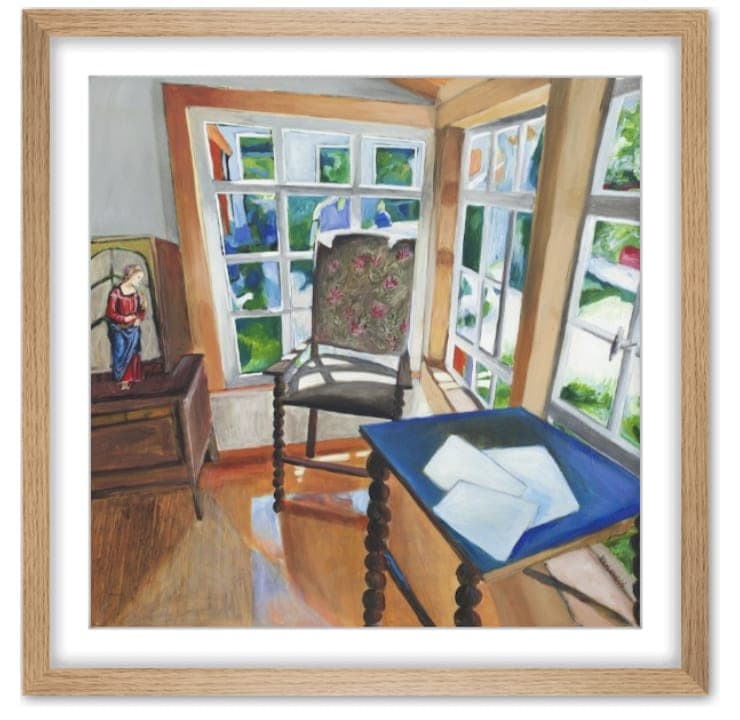 Hochwertige Ölgemälde von Nikolaus Kriese, Wohnzimmerbild mit Fenster, Stuhl und Briefen, modernes Kunstwerk, Auftragsmalerei, handgemalt, Besondere Wanddekoration, individuelle Kunstwerke, kreative Interieurgestaltung.