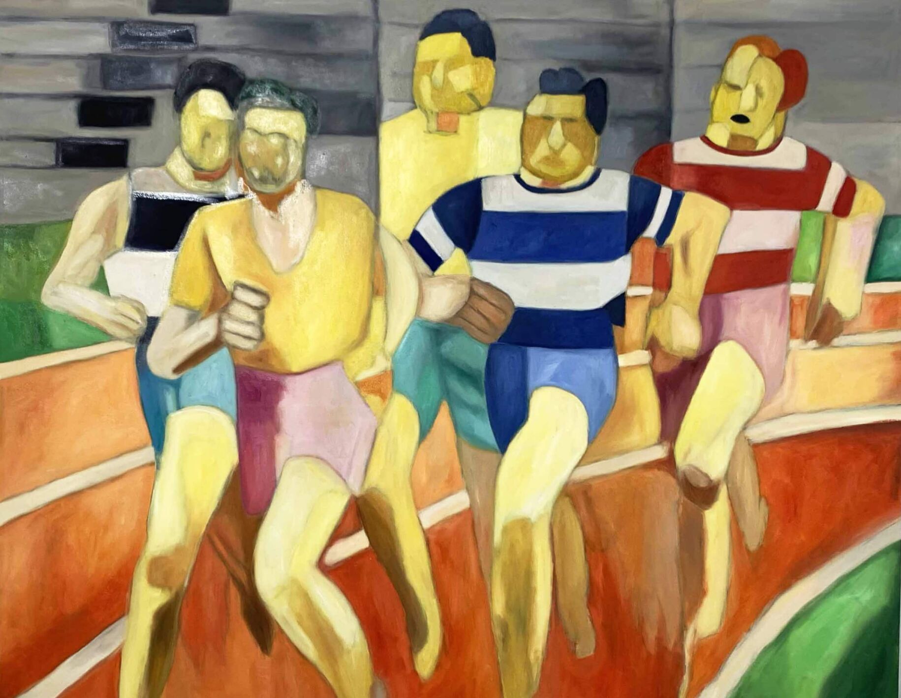 kunstkopie malen lassen expressionismus künstler Lebensfrohe Malerei mit sportlichen Männern in bunten Outfits, expressionistische Kunst im Stil von Nikolaus Kriese, kreative Auftragsmalerei, modernes Wandbild.