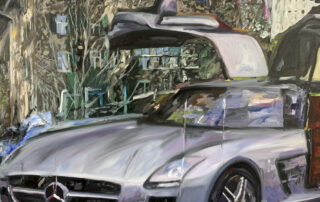 Mercedes-Benz Oldtimer in urbaner Szenerie, Ölmalerei, Auftragskunst, modernes Oldtimermotiv, stilvolle Fahrzeugillustration, besonders für Liebhaber klassischer Autos, hochwertige Kunst von Nikolaus Kriese.
