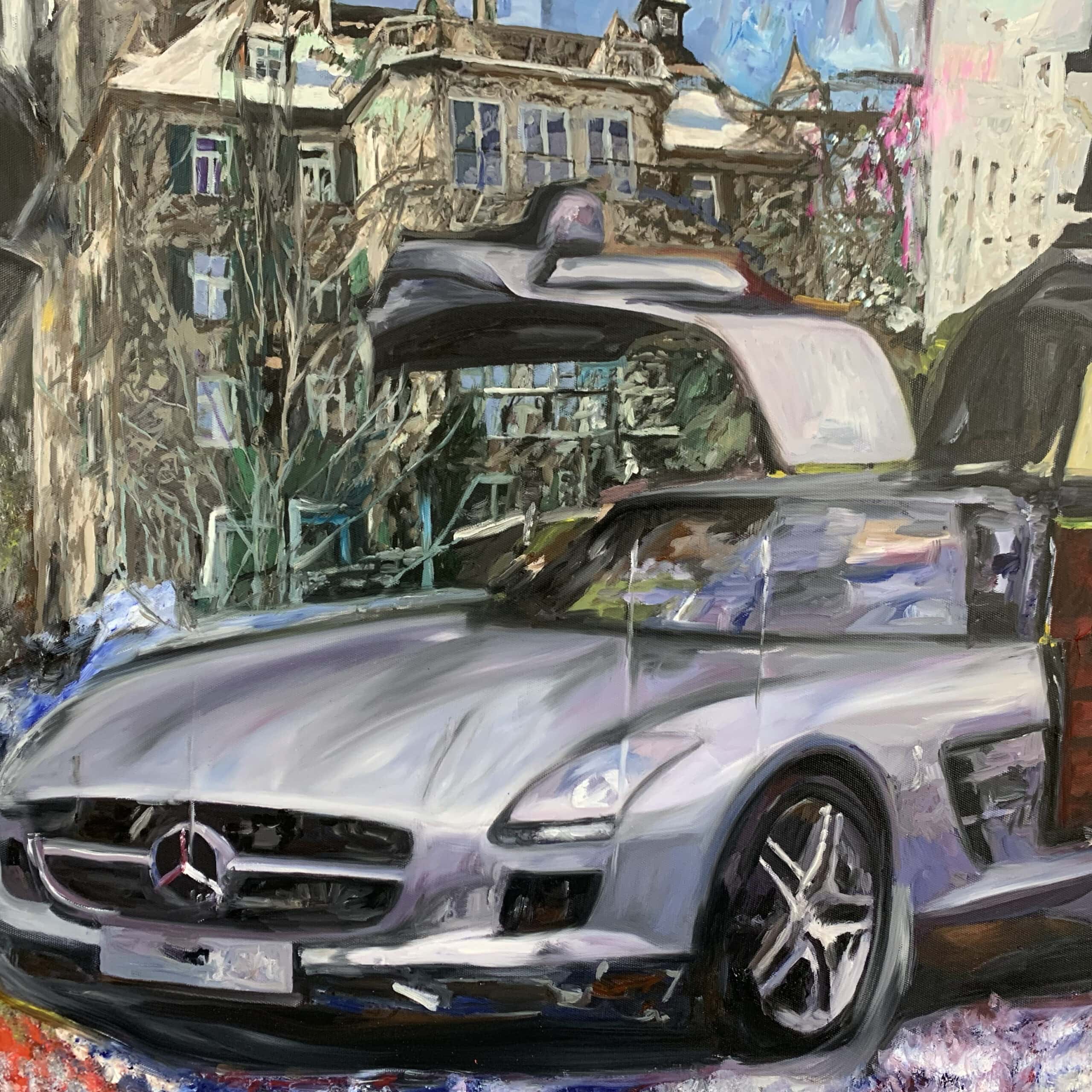 Mercedes-Benz Oldtimer in urbaner Szenerie, Ölmalerei, Auftragskunst, modernes Oldtimermotiv, stilvolle Fahrzeugillustration, besonders für Liebhaber klassischer Autos, hochwertige Kunst von Nikolaus Kriese.