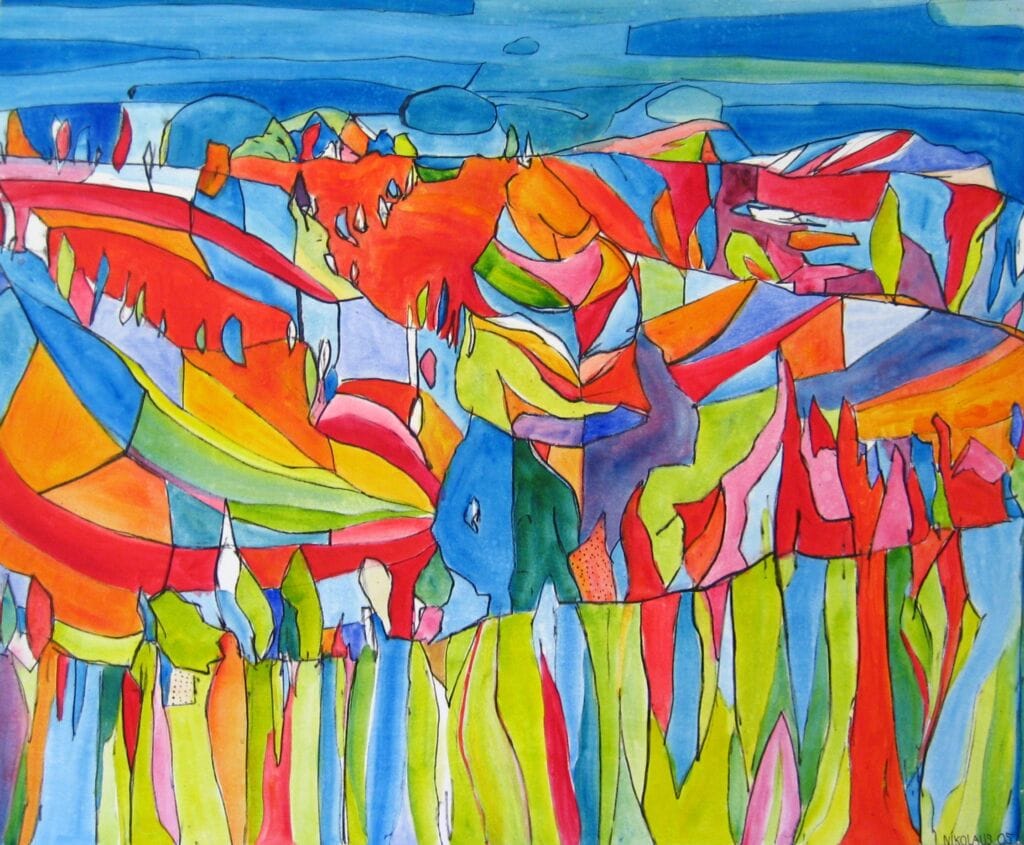 Lebendige abstrakte Aquarellmalerei mit bunten, geometrischen Formen und dynamischem Farbenspiel, ausgeführt vom Künstler Nikolaus Kriese.