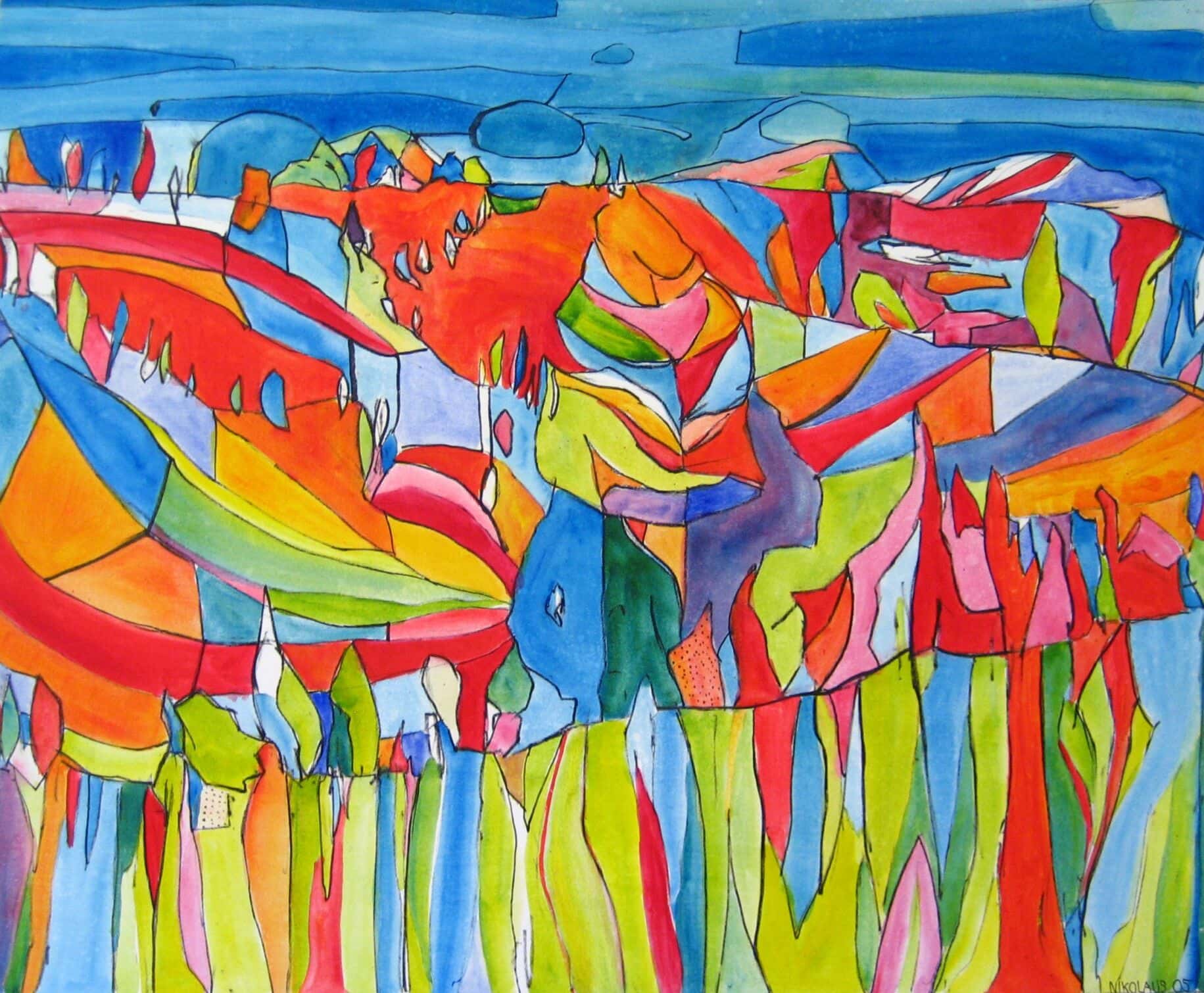 Lebendige abstrakte Aquarellmalerei mit bunten, geometrischen Formen und dynamischem Farbenspiel, ausgeführt vom Künstler Nikolaus Kriese.