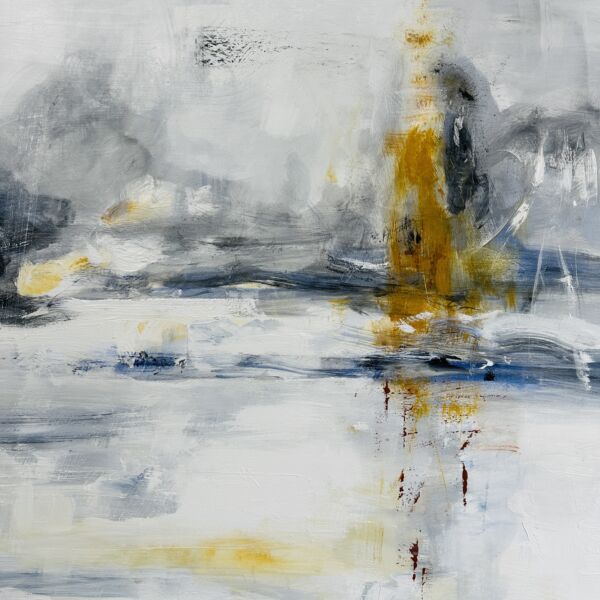 Abstrakte Malerei mit Grau, Weiß, Blau und orangefarbenen Akzenten, modernes Kunstwerk, uur auf Leinwand, expressive Farbgestaltung, kreative Auftragsmalerei, Wandbild Kunst, zeitgenössische Kunst.