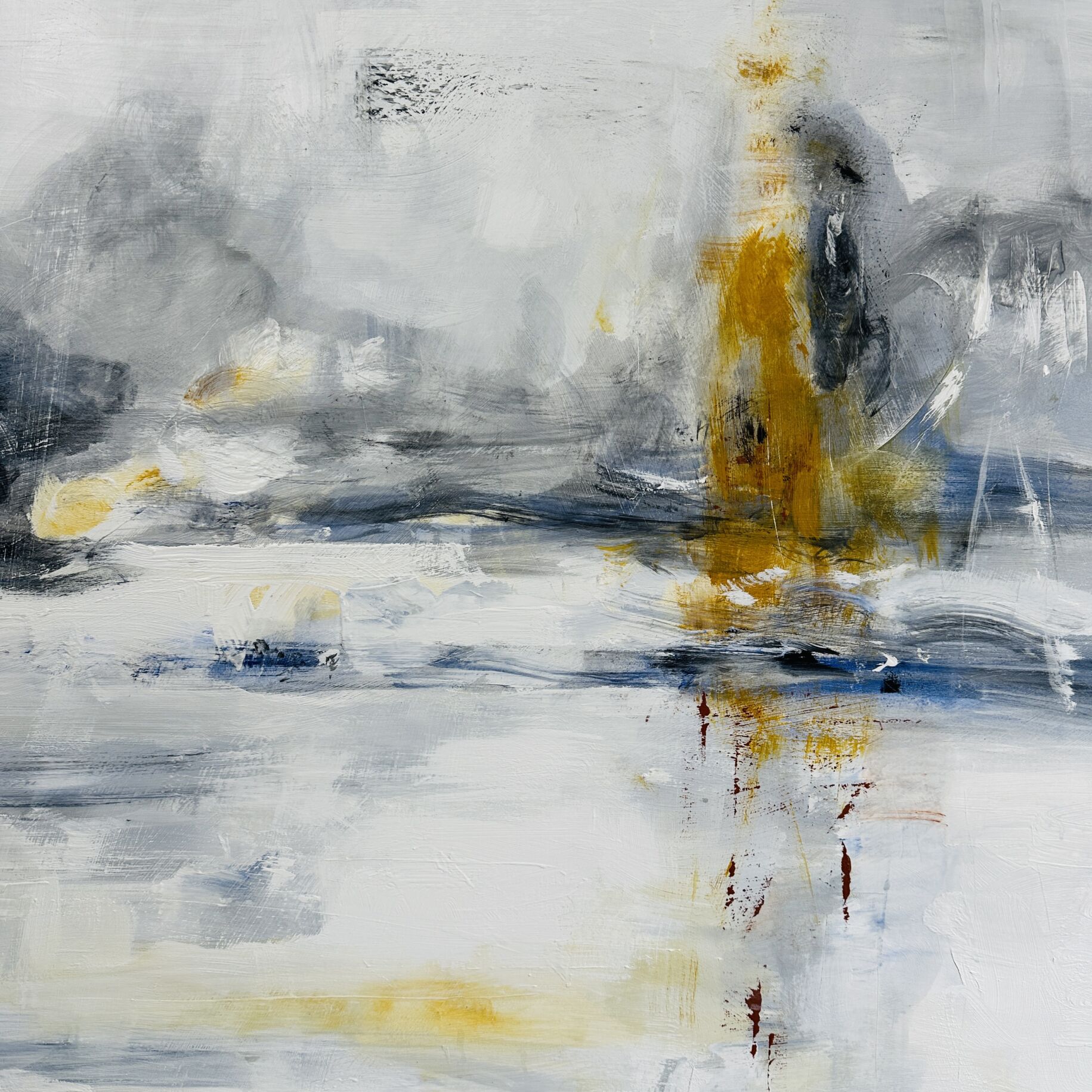 Abstrakte Malerei mit Grau, Weiß, Blau und orangefarbenen Akzenten, modernes Kunstwerk, uur auf Leinwand, expressive Farbgestaltung, kreative Auftragsmalerei, Wandbild Kunst, zeitgenössische Kunst.
