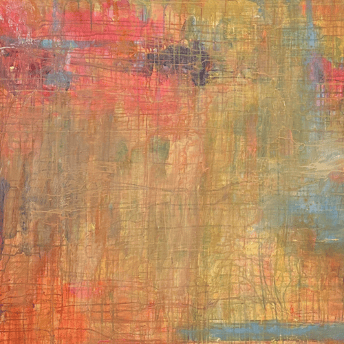 Farbenfrohe abstrakte Acrylmalerei mit warmen Orangetönen, Akzenten in Rot, Blau und Gelb, beeindruckende Textur, kreative Auftragsmalerei von Nikolaus Kriese, ideal für moderne Kunstliebhaber.