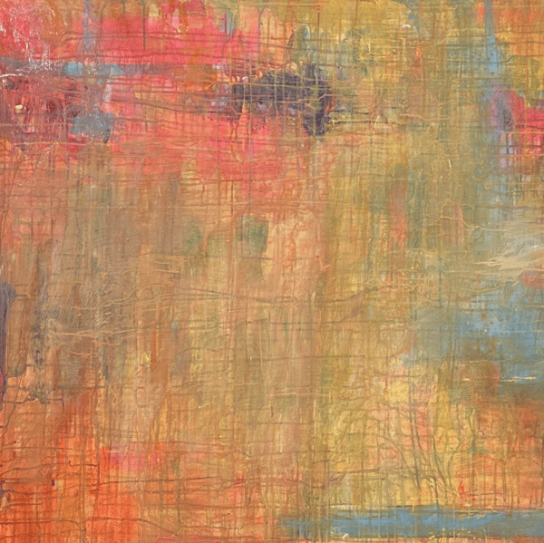 Farbenfrohe abstrakte Acrylmalerei mit warmen Orangetönen, Akzenten in Rot, Blau und Gelb, beeindruckende Textur, kreative Auftragsmalerei von Nikolaus Kriese, ideal für moderne Kunstliebhaber.