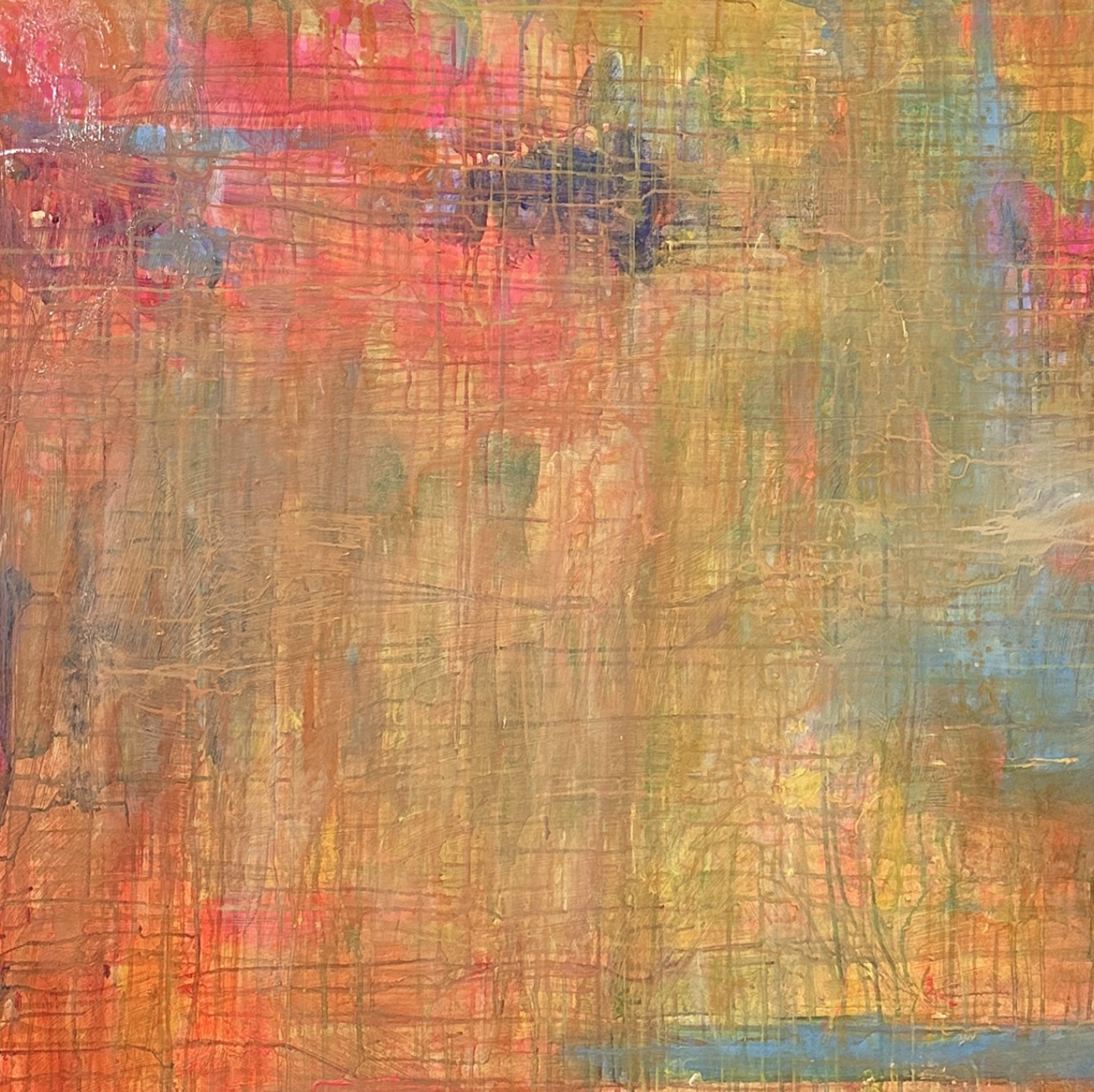 Farbenfrohe abstrakte Acrylmalerei mit warmen Orangetönen, Akzenten in Rot, Blau und Gelb, beeindruckende Textur, kreative Auftragsmalerei von Nikolaus Kriese, ideal für moderne Kunstliebhaber.