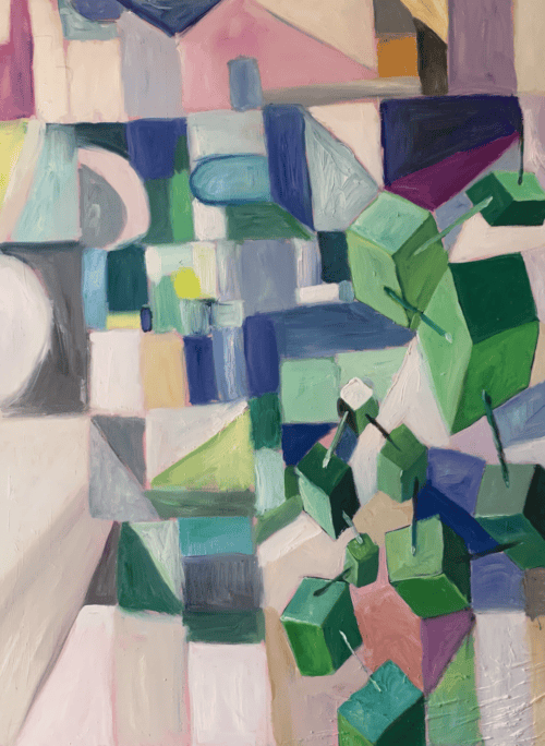 Farbfrohne geometrische abstrakte Malerei mit Grün, Blau, Pink und Lila, kreative Auftragsmalerei und Kunstwerke von Nikolaus Kriese.