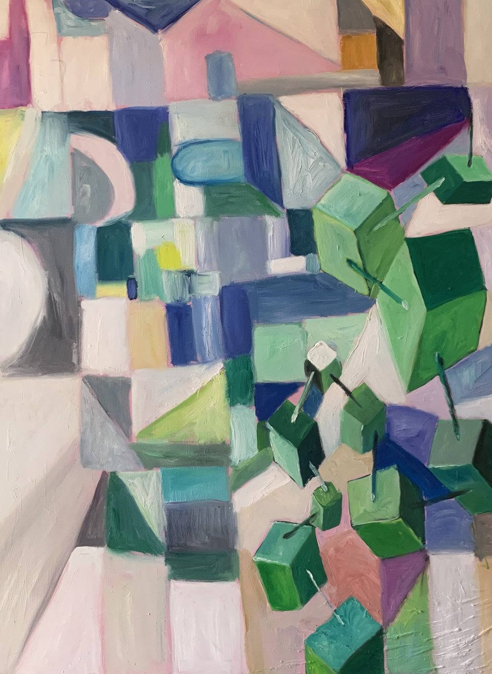 Farbfrohne geometrische abstrakte Malerei mit Grün, Blau, Pink und Lila, kreative Auftragsmalerei und Kunstwerke von Nikolaus Kriese.