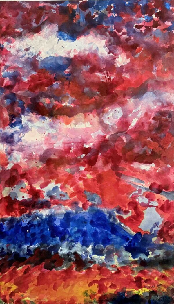 Farbenfrohe abstrakte Aquarellmalerei in Rot-, Blau- und Violetttönen, gebrandet mit Dynamik und Energie, geschaffen von Nikolaus Kriese.