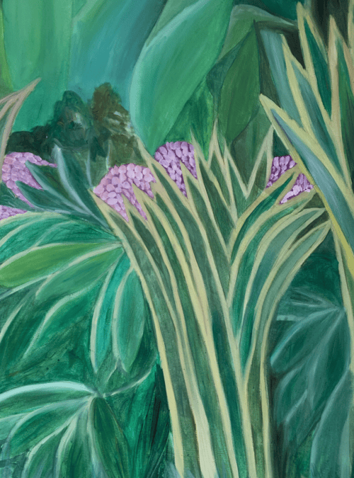 Lebendige Pflanzenmalerei mit pinken Blüten, grünem Laub und tropischer Atmosphäre, erstellt als Auftragsmalerei vom Künstler Nikolaus Kriese, für Natur- und Gartenliebhaber.