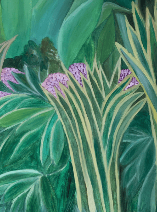 Lebendige Pflanzenmalerei mit pinken Blüten, grünem Laub und tropischer Atmosphäre, erstellt als Auftragsmalerei vom Künstler Nikolaus Kriese, für Natur- und Gartenliebhaber.
