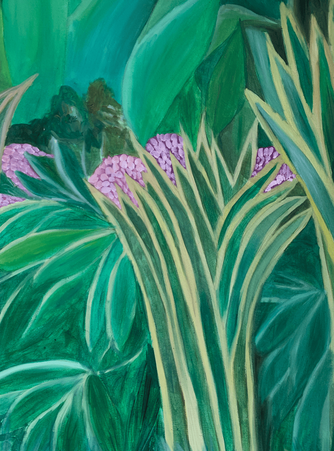 Lebendige Pflanzenmalerei mit pinken Blüten, grünem Laub und tropischer Atmosphäre, erstellt als Auftragsmalerei vom Künstler Nikolaus Kriese, für Natur- und Gartenliebhaber.