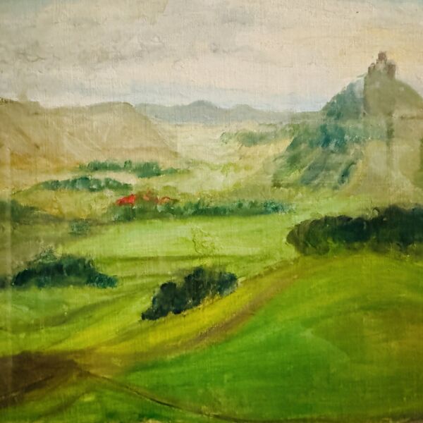 Hochwertiges Aquarell Gemälde einer idyllischen Landschaft mit Hügeln, Bäumen und einer Burg im Hintergrund, entstanden durch professionelle Auftragsmalerei von Nikolaus Kriese.