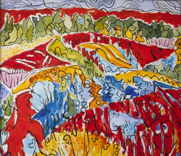 Farbenfrohe abstrakte Malerei, expressive Auftragsmalerei mit dynamically Linien und leuchtenden Farben, einzigartiges Kunstwerk von Nikolaus Kriese, ideal für moderne Inneneinrichtung.