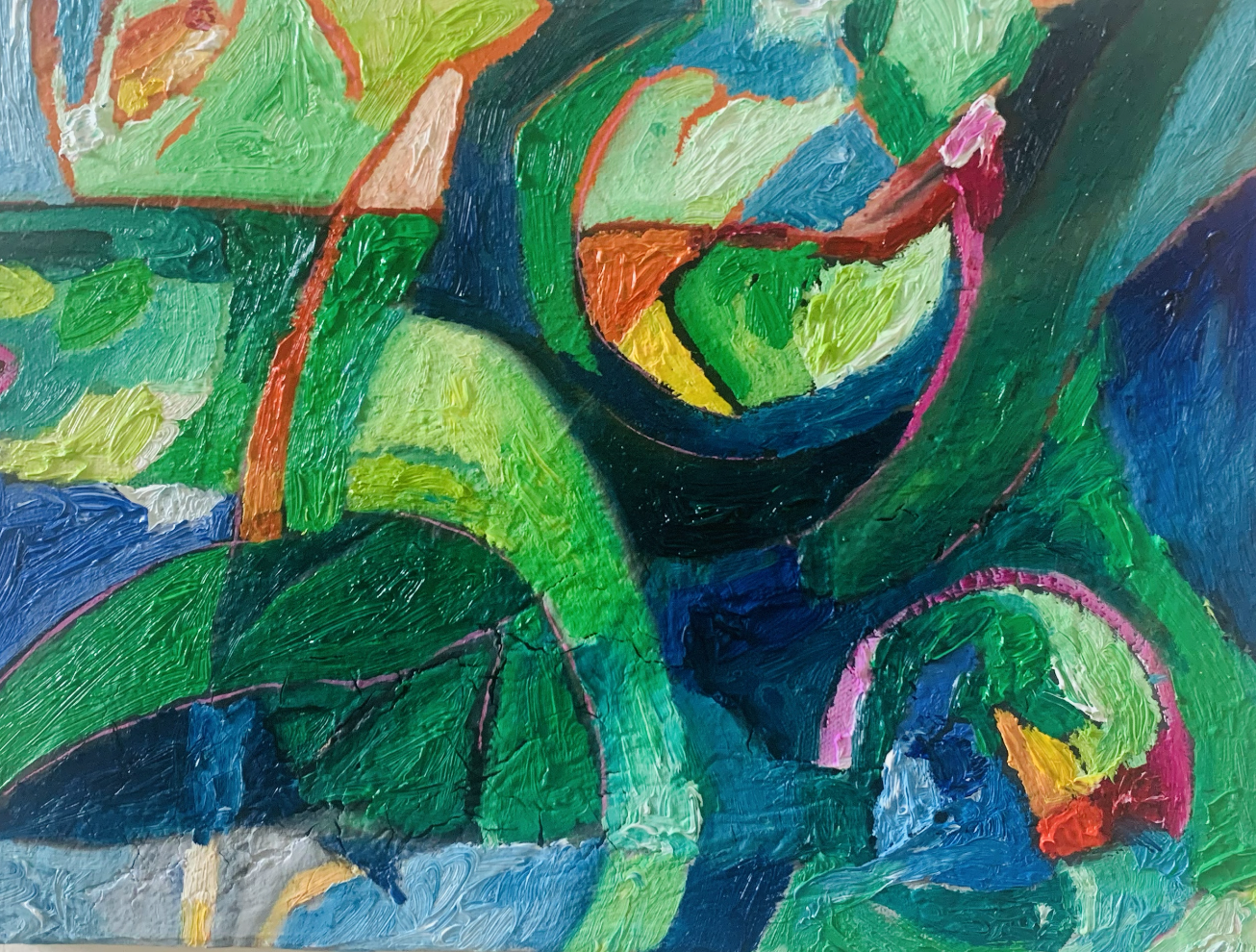 Farbenfrohe abstrakte Malerei mit leuchtenden Grüntönen, Blau und Akzenten in Rot und Gelb, expressionistische Kunst von Nikolaus Kriese für Auftragsmalerei und Kunstliebhaber, hochwertiges Originalkunstwerk.