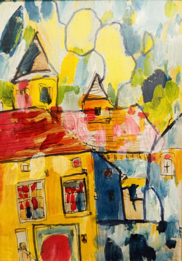 Lebendige Acrylmalerei eines malerischen Dorfes mit bunten Häusern und Bäumen, urbanes Flair, kreative Auftragsmalerei, detailreicher Pinselstrich, moderne Stadtlandschaft, farbenfrohes Kunstwerk, individuelle Wandgestaltung.