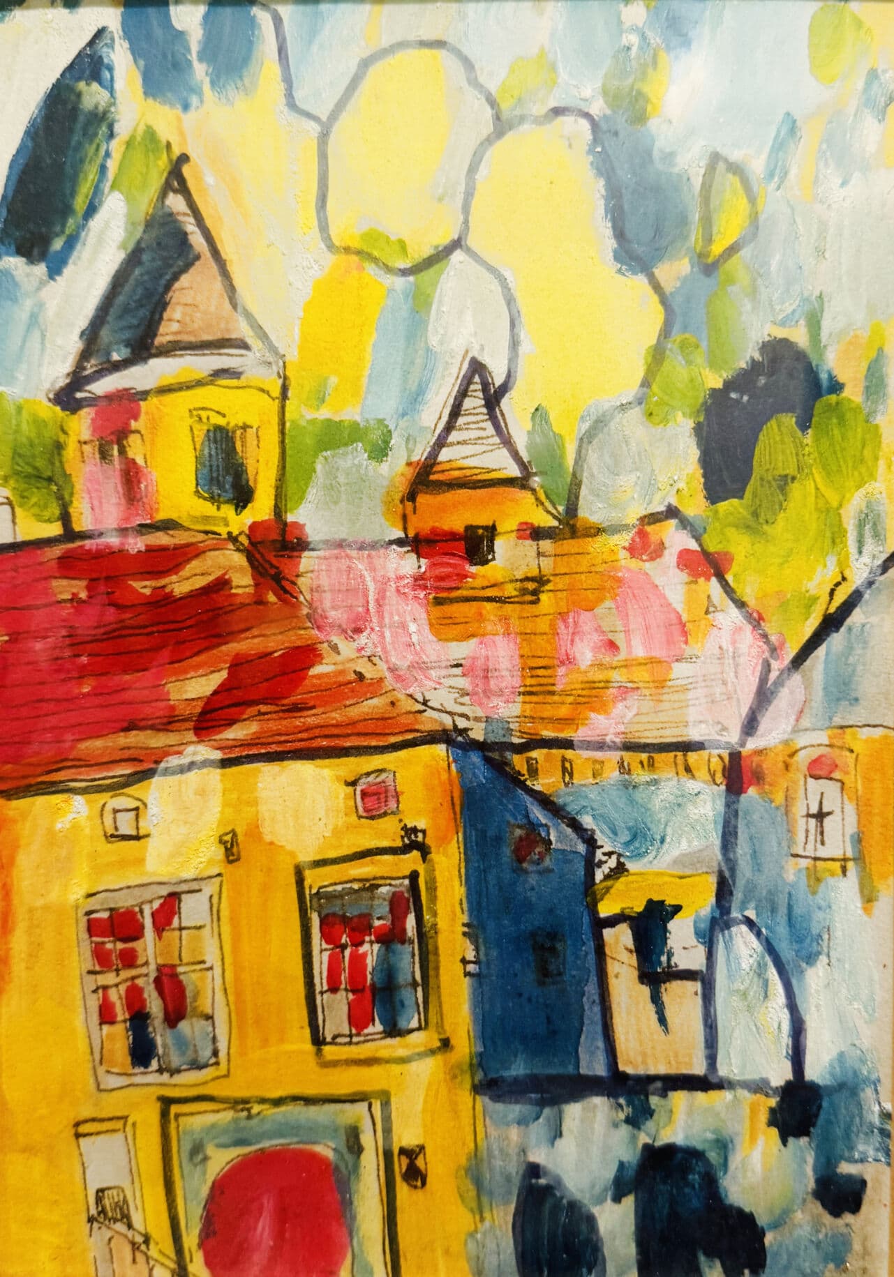 Lebendige Acrylmalerei eines malerischen Dorfes mit bunten Häusern und Bäumen, urbanes Flair, kreative Auftragsmalerei, detailreicher Pinselstrich, moderne Stadtlandschaft, farbenfrohes Kunstwerk, individuelle Wandgestaltung.